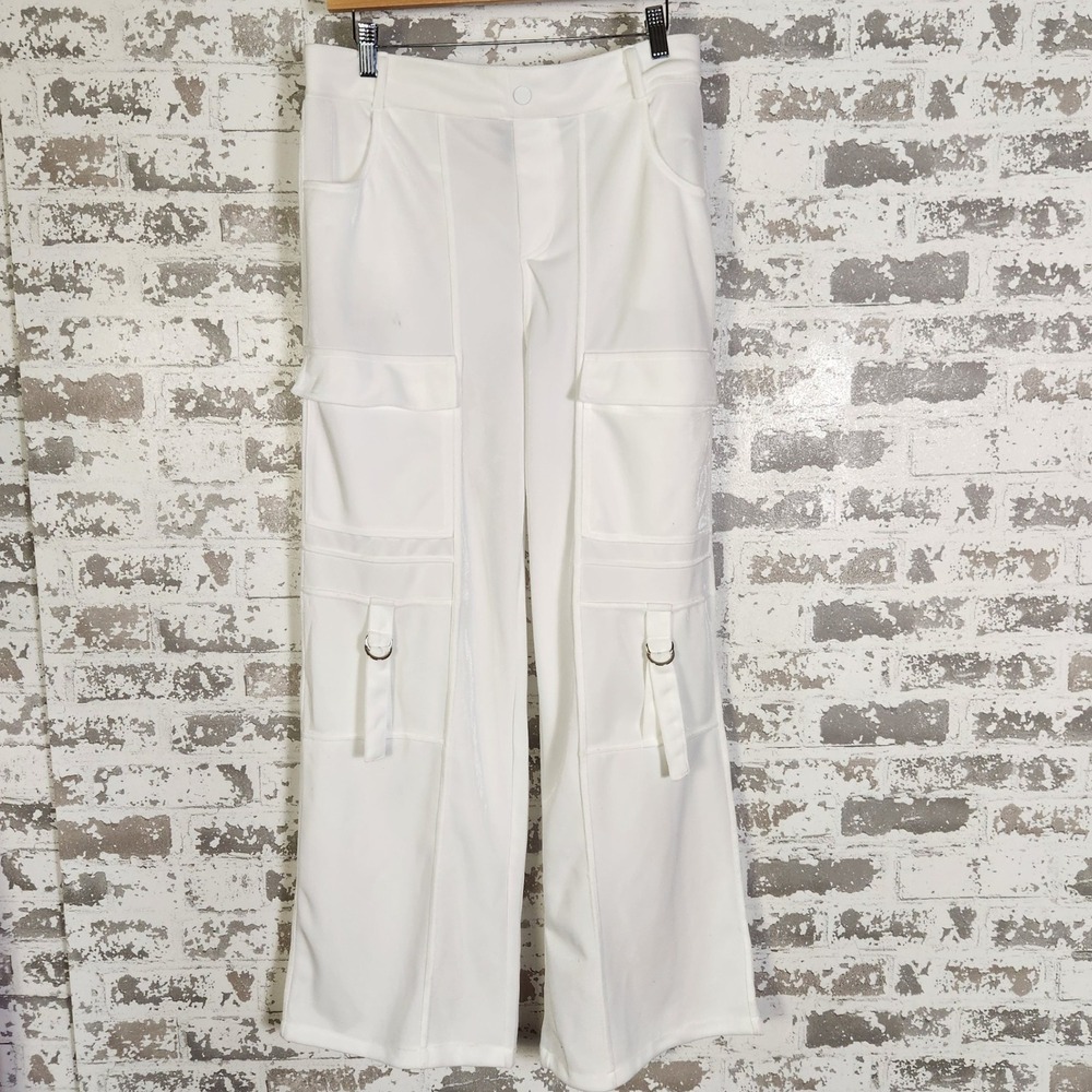 Forever 21 Cargo‎ Pants Streetwear White XL High Waist Wide Leg Pockets Women's